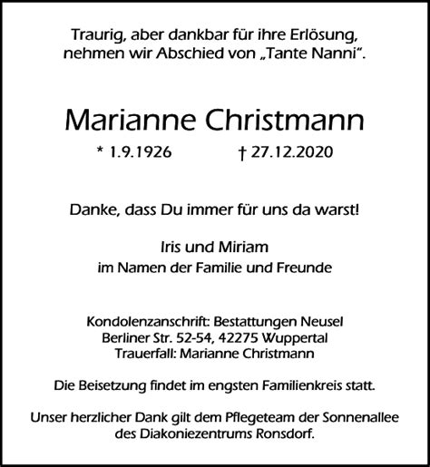 Marianne Christmann Traueranzeige Westdeutsche Zeitung