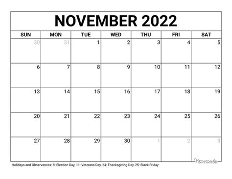November 2022 Calendar Free Printable With Holidays