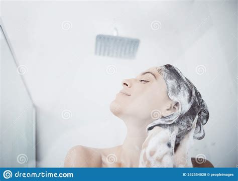Lathering The Day Away A Woman Washing Her Hair In The Shower Stock