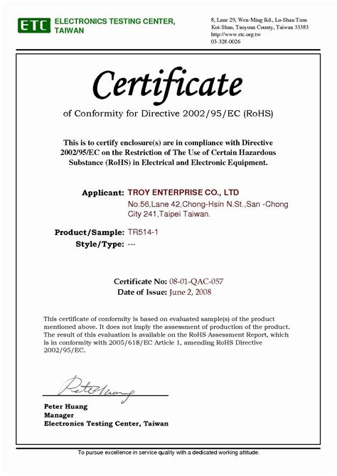 Certificate Of Compliance Template Awesome Certificate Rohs Electronics