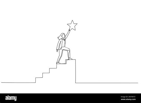 Drawing Of Businesswoman Climb Up Stair To The Top To Reaching To Grab