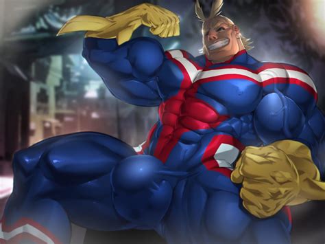 rule 34 absurdres all might big veins blonde hair bulge flexing fully clothed hand on thigh