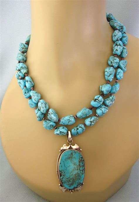 Fabulous Turquoise Necklace With Sterling And Turquoise Pendant From