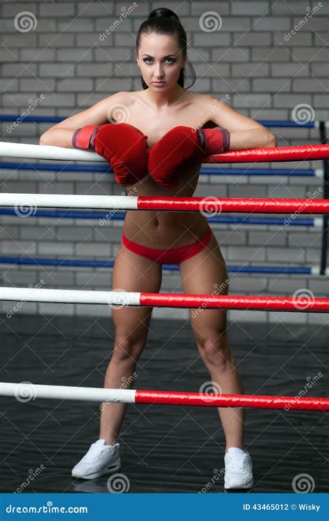 Brunette Posing Topless In Boxing Ring Stock Photo Image