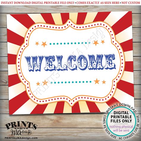 Welcome Sign Carnival Or Circus Themed Party Printable 8x1016x20 Sign