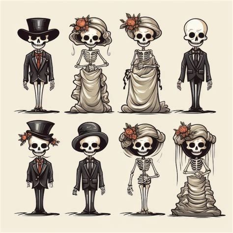 Ensemble De Personnages De Squelette Dhalloween Illustration Vectorielle Dans Un Style Dessin