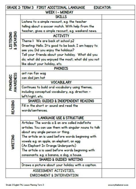 Lesson Planning English First Additional Language Grade 2 Term 3 My