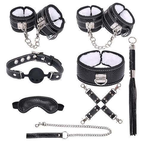 8pcs Velvet Handcuffs Ankle Cuffs Gag Whip Collar Erotic Toy Pu Leather Fetish Sex Bondage