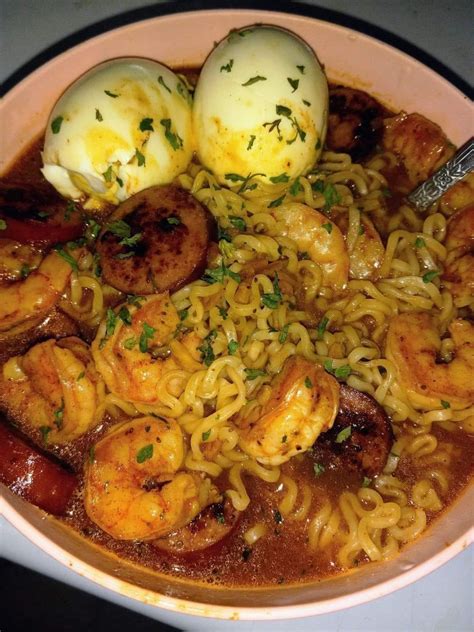 Spicy Noodles With Seared Kielbasa Shrimp And Soft Boiled Egg Easy