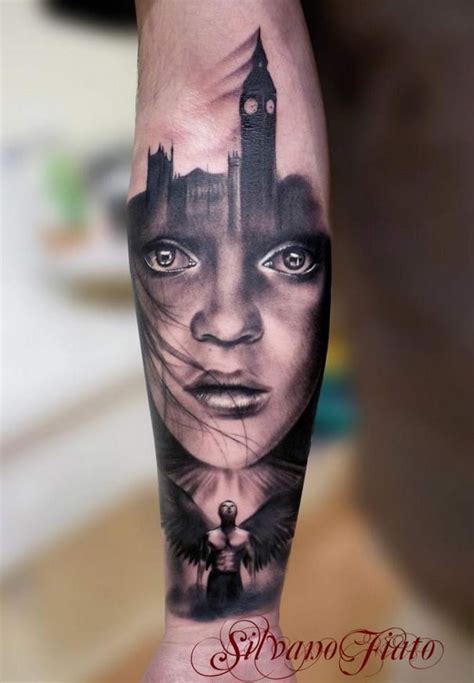 Mysterious Black And White Forearm Tattoo Of Woman Portrait Combined