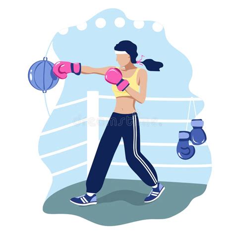 Young Woman In Pink Boxing Gloves Trains In The Ring Illustration Of