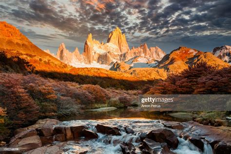 Mountain River And Mount Fitz Roy At Sunrise Patagonia Argentina High