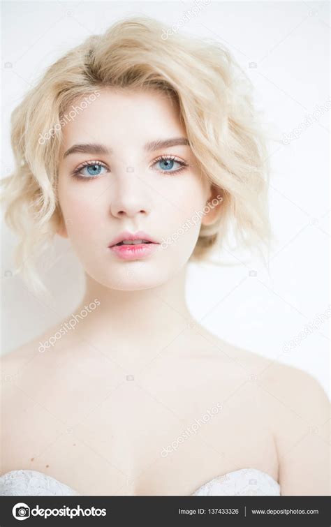 Woman With White Hair In A Wedding Dress Young Blonde Woman With Blue