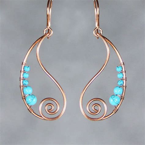 Copper Earrings Turquoise Earrings Wiring Earrings Teardrop Earrings