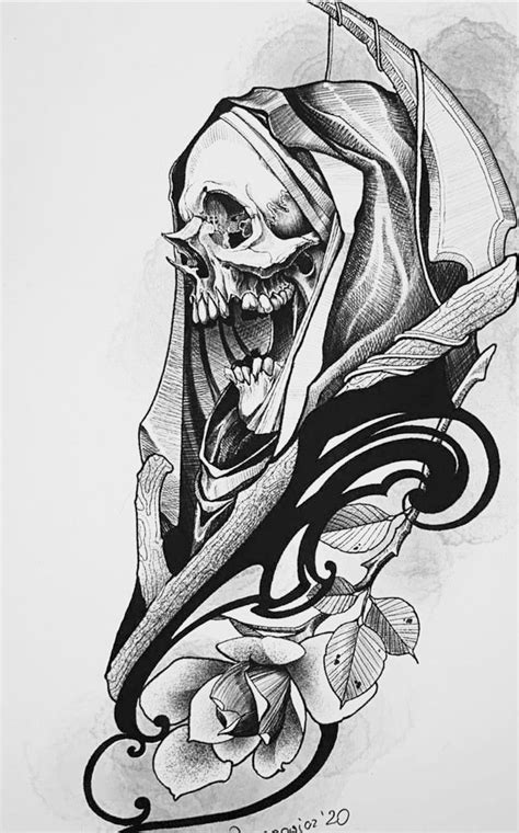 A Black And White Drawing Of A Skull With A Rose On It S Side