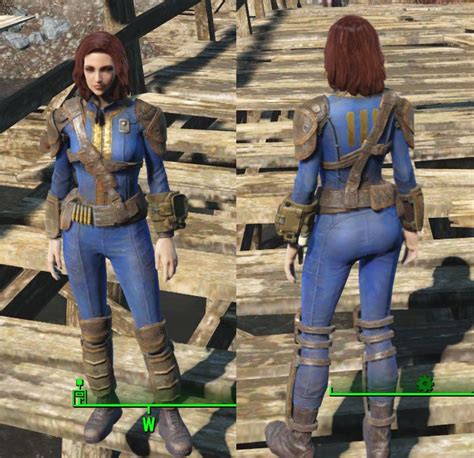 Two Images Of A Woman In Blue And Brown Outfit Standing Next To Each Other On Wooden Planks