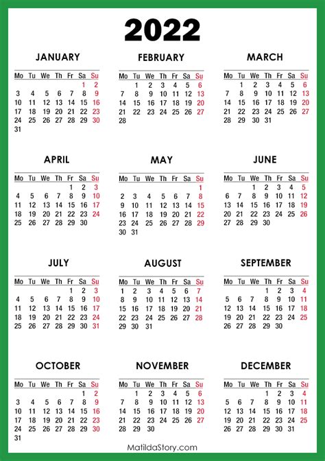 2022 Calendar Printable Free Green Monday Start