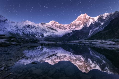 Amazing Night Scene With Himalayan Mountains And Mountain Lake At