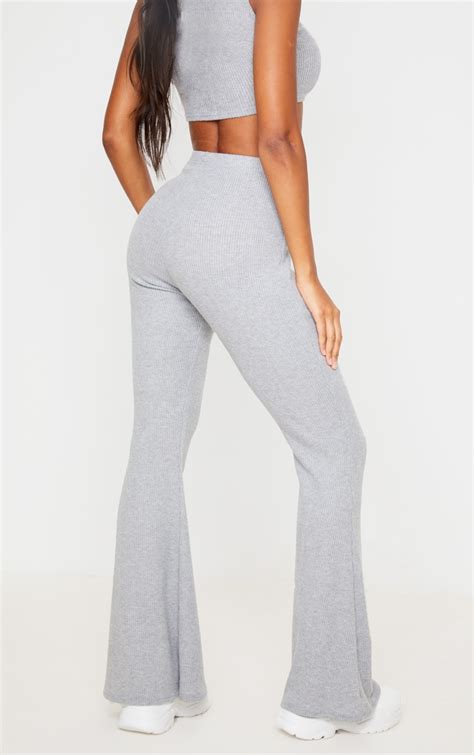 Grey Brushed Rib High Waisted Flared Trouser Prettylittlething