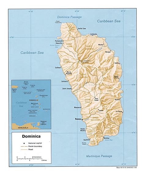 Detailed Political And Administrative Map Of Dominica With Relief Roads And Major Cities 1990
