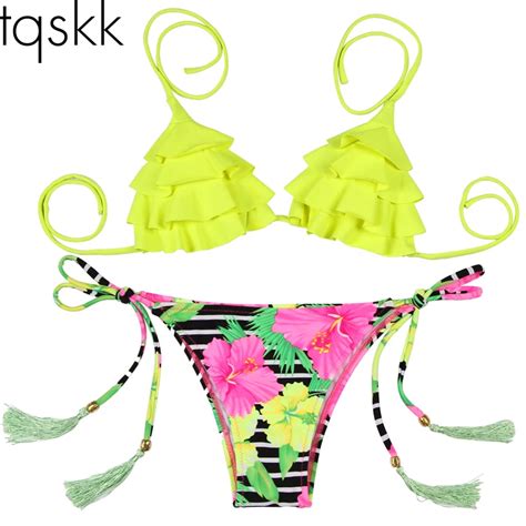 Tqskk Bikinis Women Swimsuit 2019 New Summer Floral Tassel Swim Top