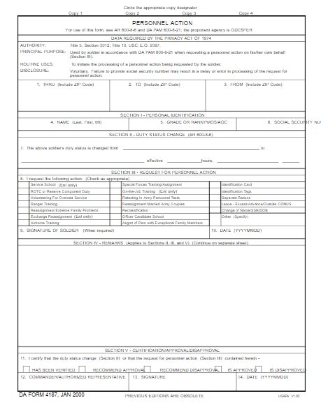 Fillable Da Form 4187 Jan 2000 Printable Forms Free Online