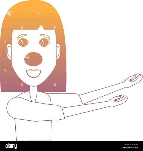 Cartoon Happy Woman With Red Nose Pointing To The Side Over White