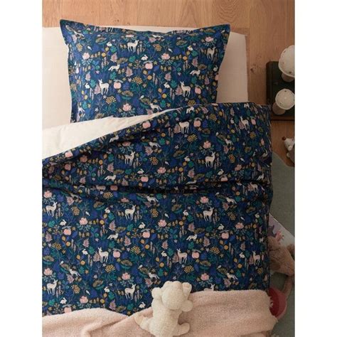 Taie d'oreiller satin lavé imprimé satin flower. Housse de couette en coton "forêt enchantée" marine ...