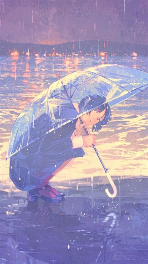 Wallpaper Anime Girl Raining School Uniform Umbrella Resolution