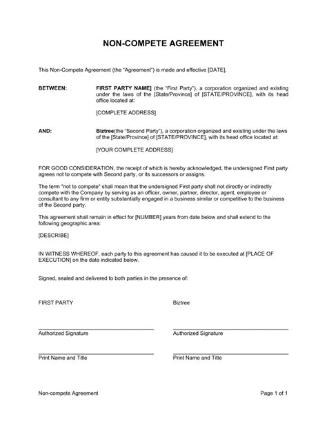 Free Printable Non Compete Agreement Template