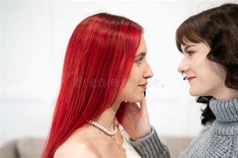 Young Caucasian Women Hugging Tenderly Same Sex Relationships Stock
