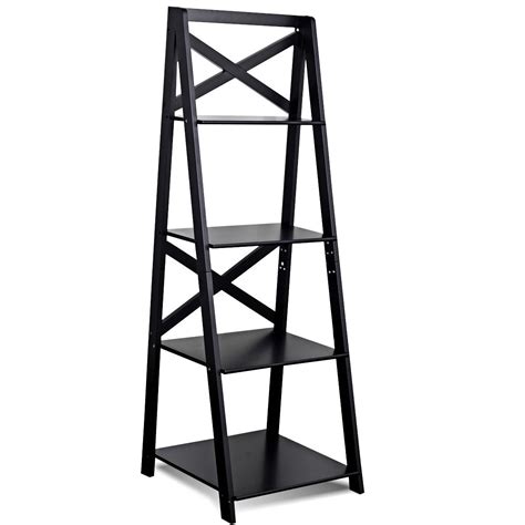 4 Tier Leaning Free Standing Ladder Shelf Bookcase Hw53870bk Comstrom