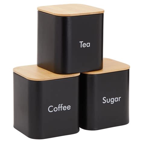 Sugar Tea Coffee Kitchen Canister Set Black Stainless Steel Containers