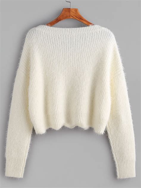 White Scoop Neck Drop Shoulder Crop Fluffy Sweater Sheinsheinside