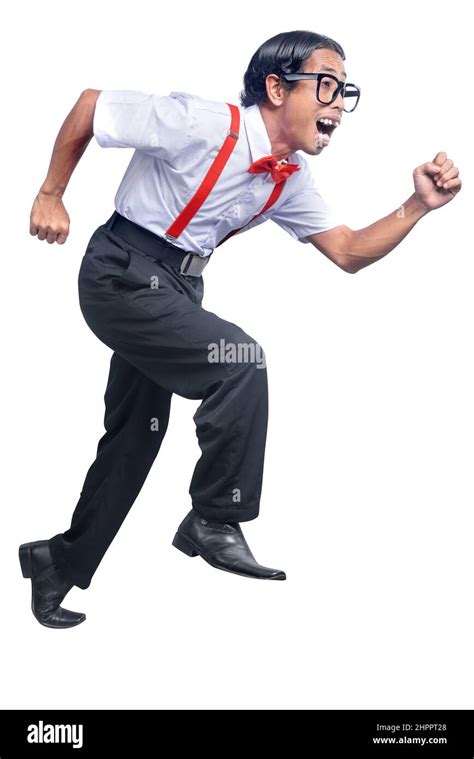 Asian Nerd With Ugly Face Running Isolated Over White Background Stock