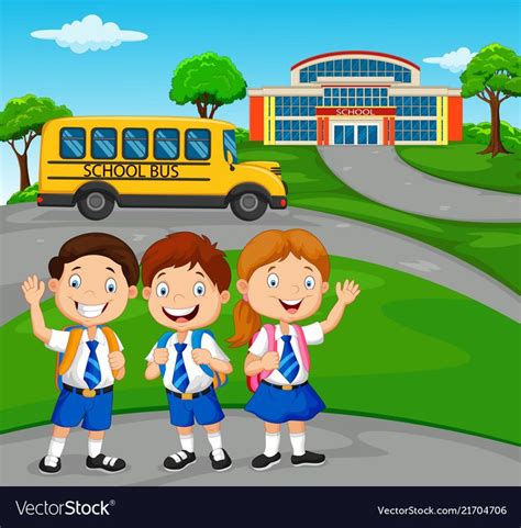 Happy School Children In Front Of The School Vector Image Rotinas