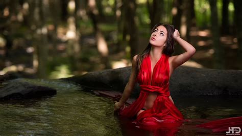 Wallpaper Women Outdoors Model Water Nature Red Dress River