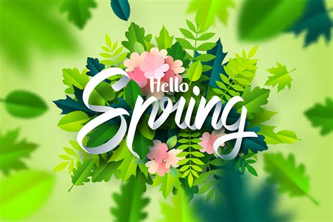 Paper Art Of Hello Spring Calligraphy On Leaves And Flowers In And Out
