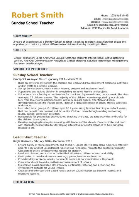 Sunday School Teacher Resume Samples Qwikresume