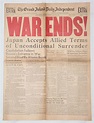 I029. WWII HOME FRONT AUGUST 14, 1945 "WAR ENDS" NEWSPAPER - B & B ...