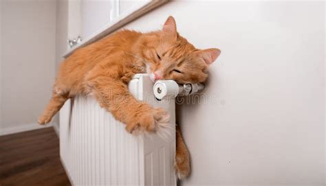 Funny Resting Red Cat On Warm Radiator Sleepy Stretched Cat Lazy
