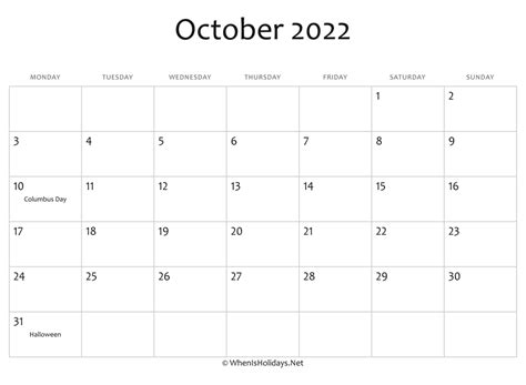 October 2022 Calendar Printable With Holidays Whenisholidaysnet