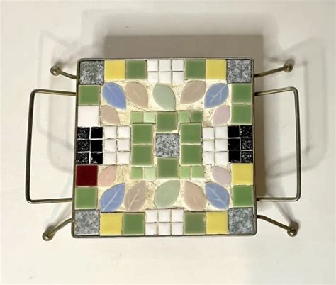 Vintage Mid Century Mosaic Tile Trivet Hot Plate Metal Frame Colorful