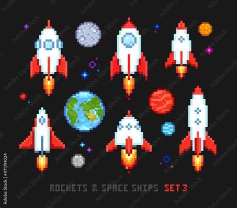Pixel Art Rockets And Spaceships With Planets Isolated Vector Icon Set