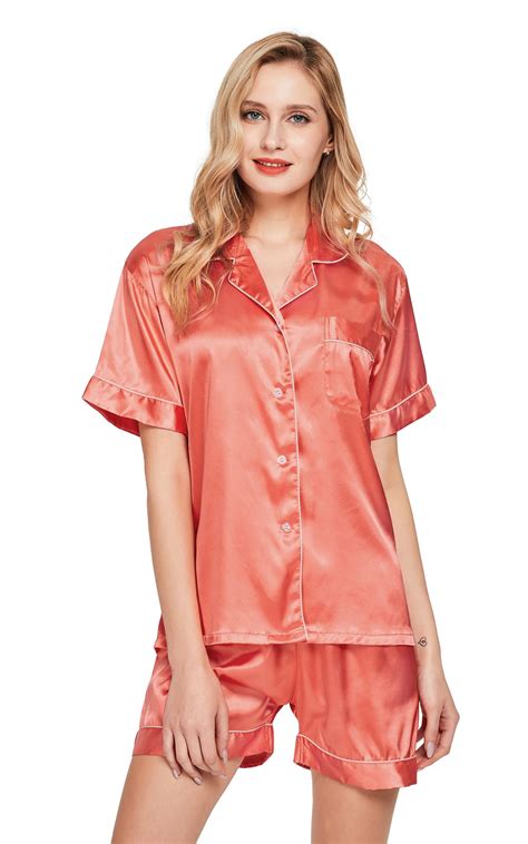Womens Silk Satin Pajama Set Short Sleeve Living Coral With White Pi Tony And Candice