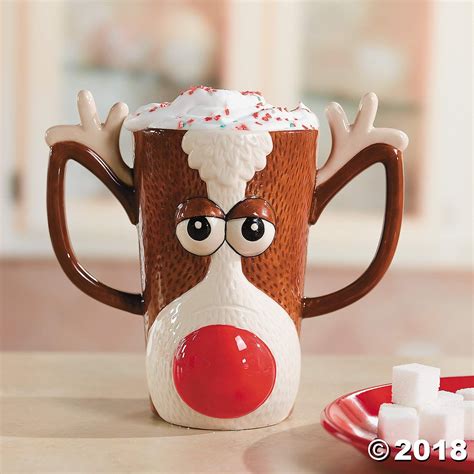 Reindeer Face Holiday Mug W Red Nose And Antlers By Fe Christmas Cups
