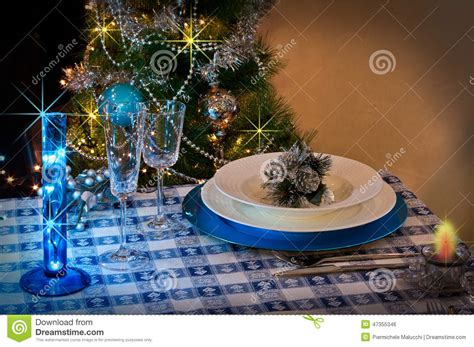 Table Set For Christmas Dinner With Decoration Blue And Silver Stock