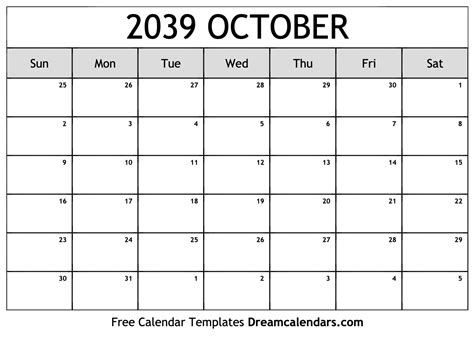 October 2039 Calendar Free Blank Printable With Holidays