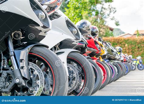 Motorcycles Group Parking On City Street In Summer Stock Photo Image