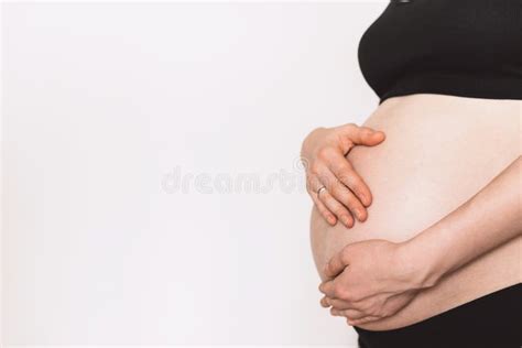 Woman Hands Touching Naked Belly Pregnant Woman Expecting Baby In